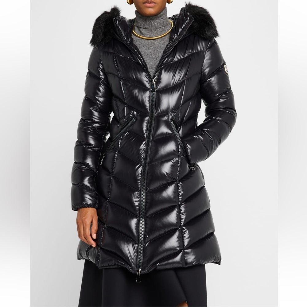 Moncler Black Puffer Coat with Faux Fur Hood
